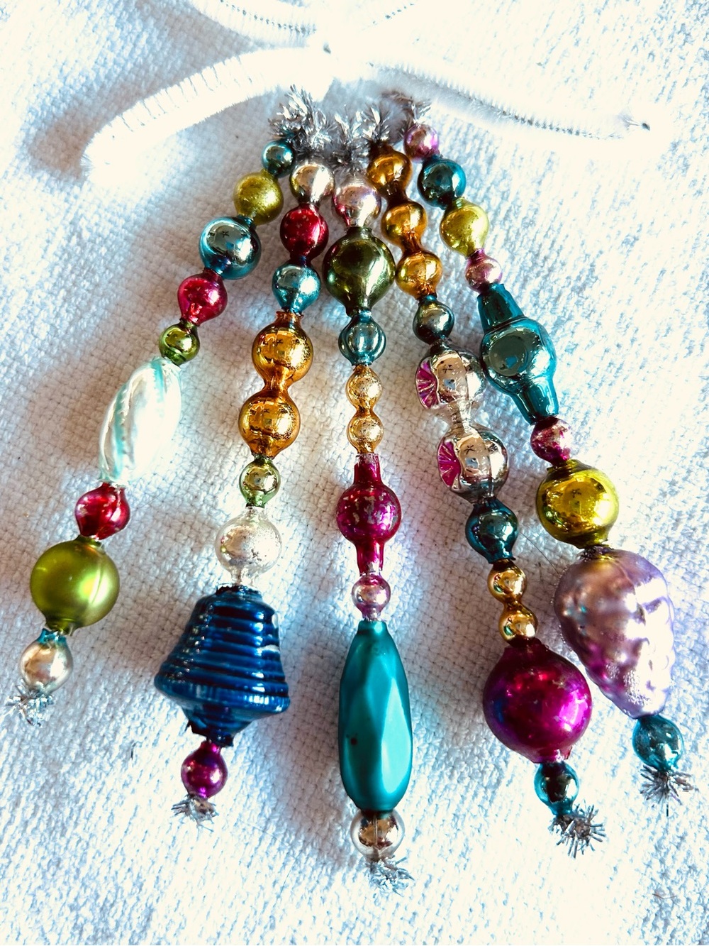 Mini Vintage Repurposed  holiday Christmas ornaments, mercury Glass bead icicle